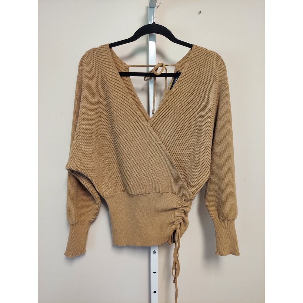 Prettywear Tan Ribbed Faux Wrap Sweater Open Back Tie Dolman Sleeve S Ballet